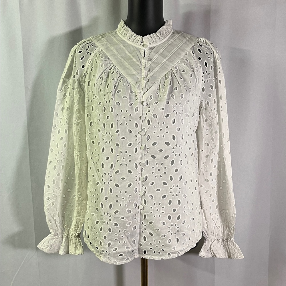 NWT PrettyGarden White Floral Eyelet Long Sleeve Button Front Ruffle Blouse - Picture 2 of 16